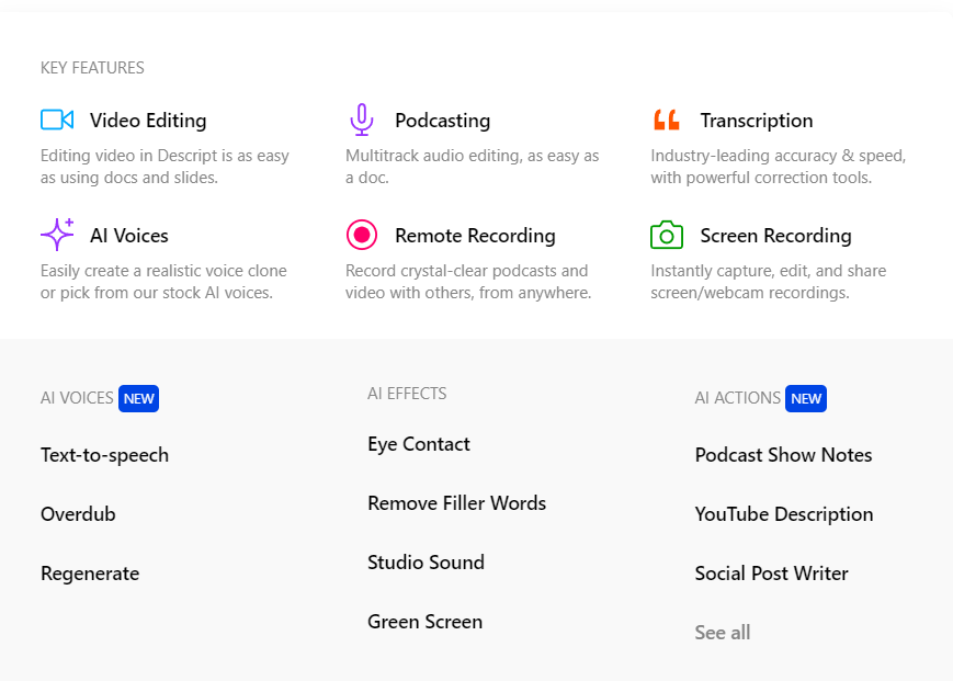 descript features Descript AI: AI-Powered Editing Tool for Audio and Video